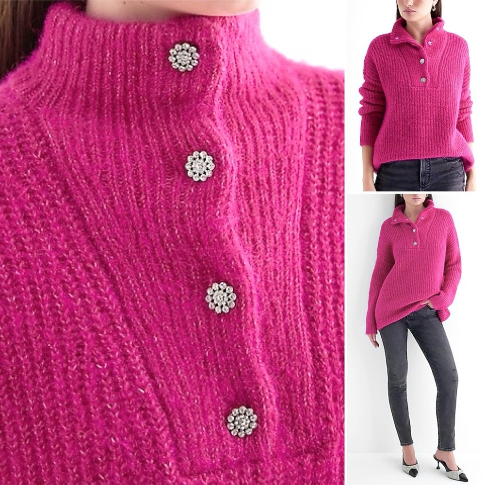 Express Fuzzy Knit Quarter Snap Sweater Embellished Buttons Mock Neck - Picture 9 of 13